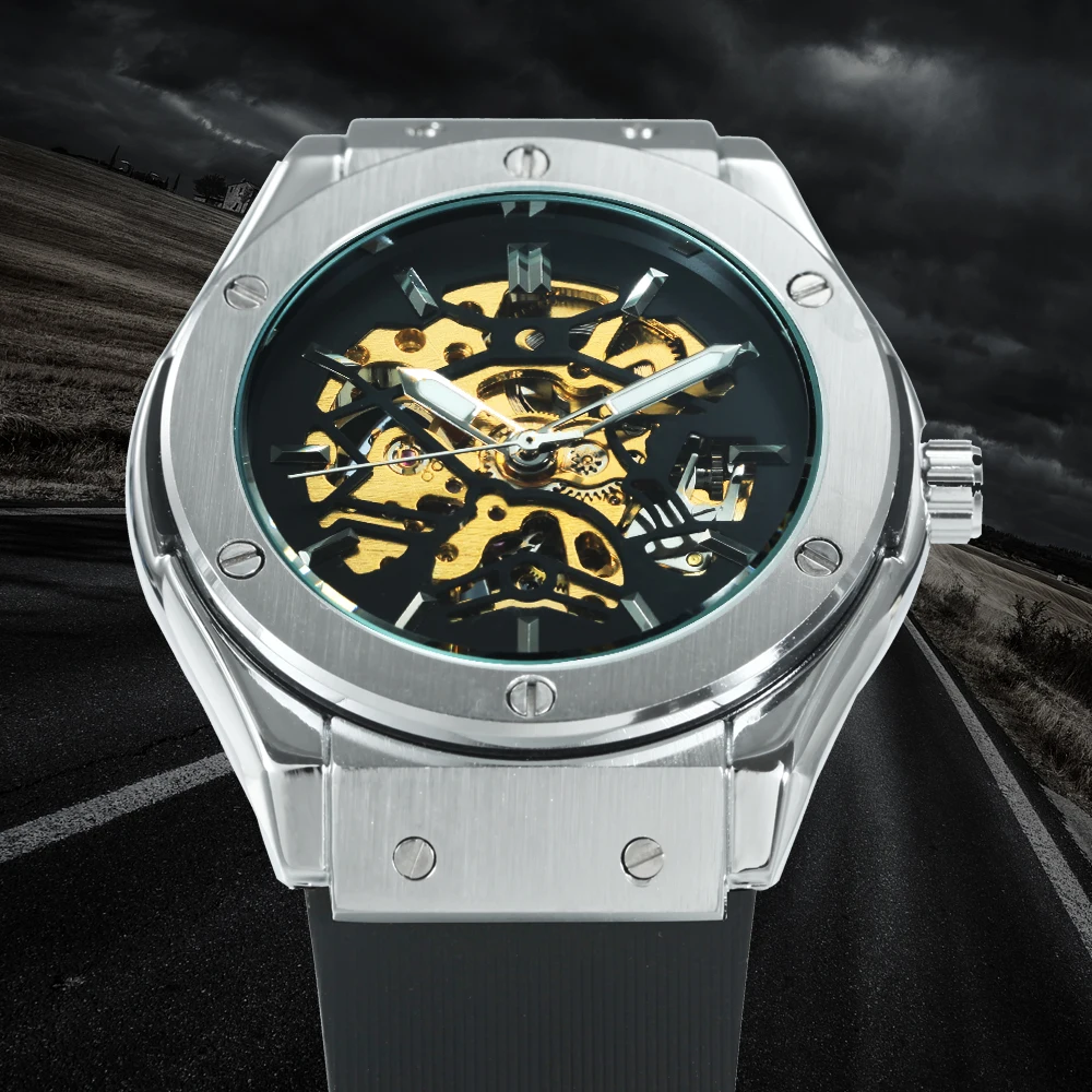 أزياء الرجل الفائز التلقائي العسكرية ووتش الميكانيكية الرجال الساعات الهيكل العظمي ساعة بحزام مطّاطي الفاخرة العلامة التجارية الإبداعية ت...