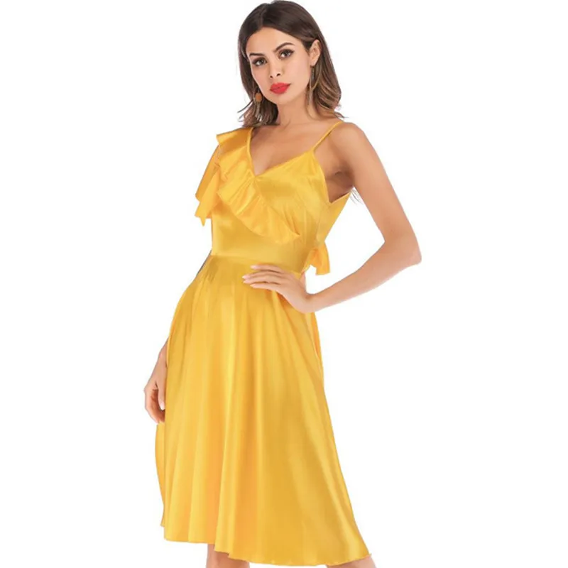 

2019 summer new V-neck solid color ruffled dress sexy milk silk yellow dress