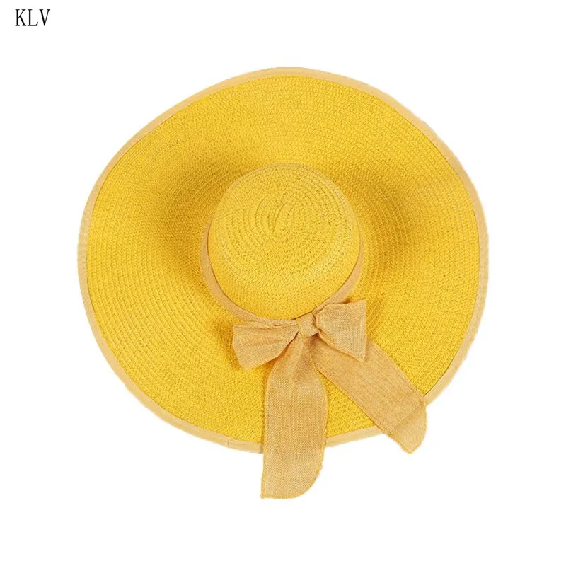 Женская летняя Праздничная соломенная Солнцезащитная шляпа, однотонная, карамельного цвета, Экстра широкие поля, Панама, складная лента, бант, УФ защита, пляжная одежда