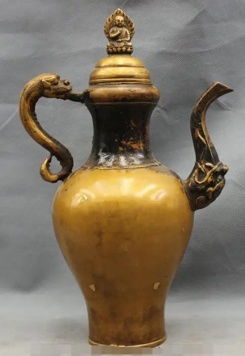 

S07080 14" Folk Chinese Bronze Buddhism Amitayus Dragon Head Statue Wine Pot Teapot discount 30% (C0324)