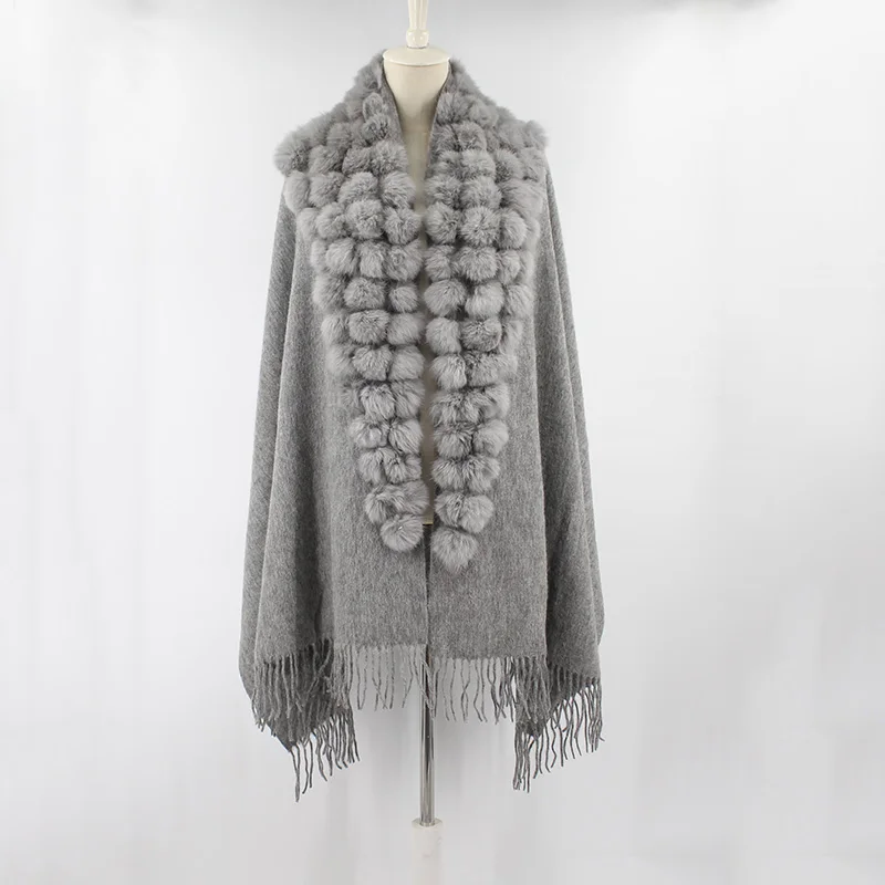 100% sheep fur cashmere shawl with real rabbit fur balls (20)