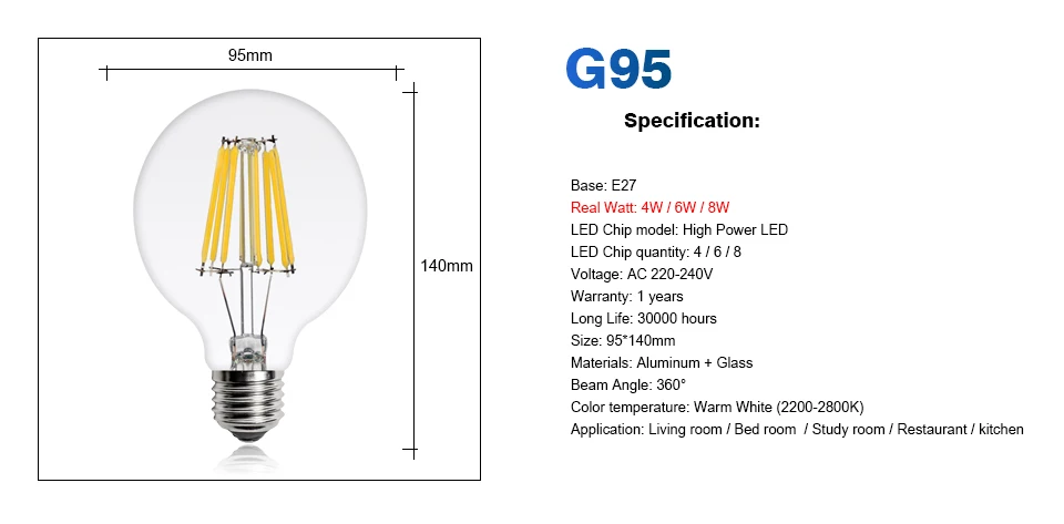 KARWEN 6 шт светодиодный Edison ЛАМПЫ G95 Ретро лампа Винтаж 220 v 8 W Свадебные огни градусов ампулы светодиодный лампы накаливания Свадебные огни