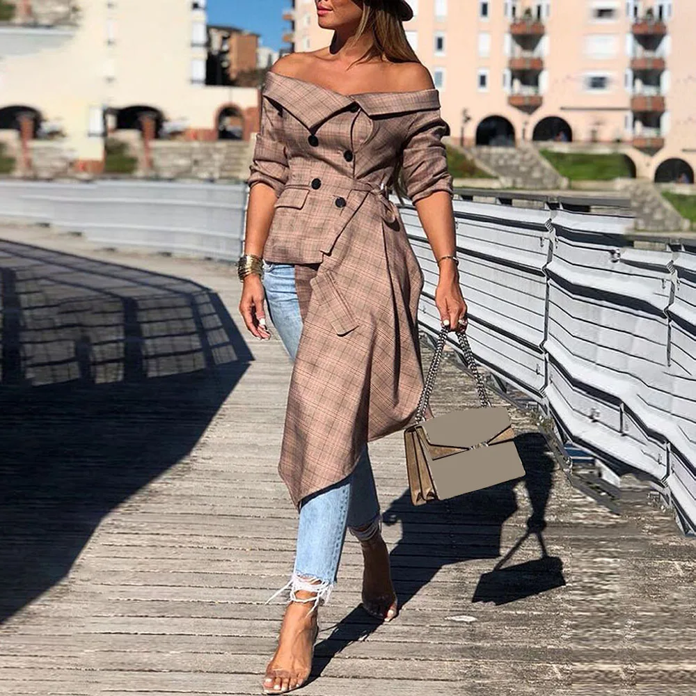

Vintage Plaid Sexy Off Shoulder Blouse Women Asymmetric Hem Design Spring Tops Elegant Street Stylish Ladies Long Sleeve Blouses