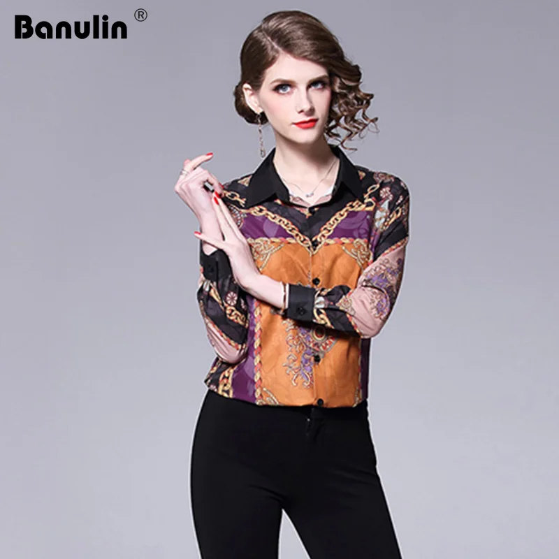 

Banulin Hot Sale Spring Runway Designer Chiffon Blouses Vintage Printing Turn Down Collar Office Ladies Shirts Work Wear Tops