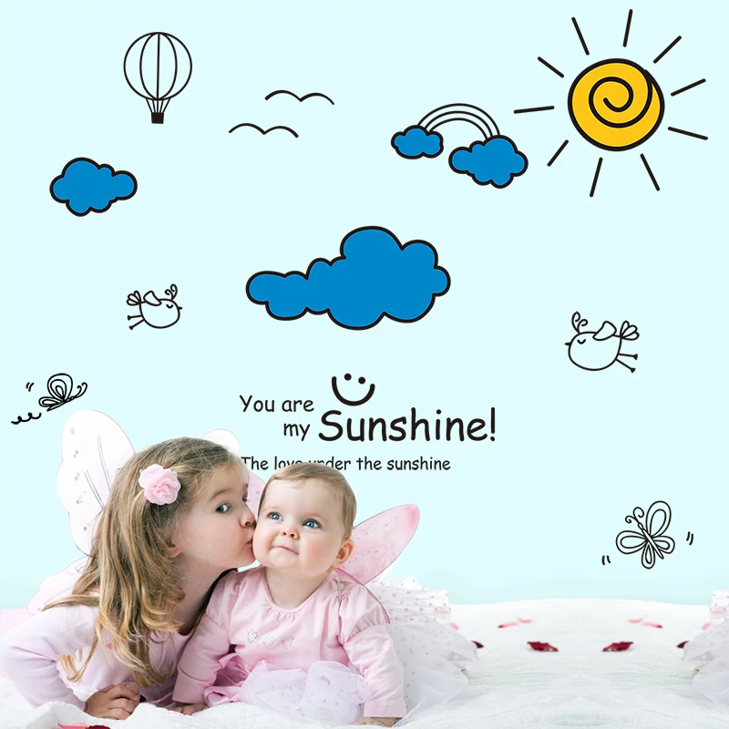 [SHIJUEHEZI] Fake Window Beach Island Wall Stickers for Living Room Kids Bedroom Decoration DIY Cartoon Clouds Wall Decals