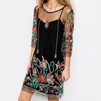

Women Fashion 2Pcs Vintage Flower Embroidery Sexy See-Through Lace Camisole Blouse Dress Gift