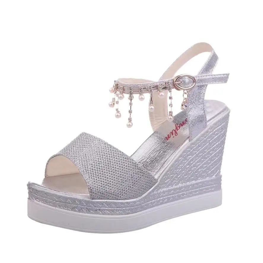 

shoes woman high heel summer New Fashion Women Peep Toe Hanging beads Buckle Strap High Heels Wedge String Bead Slope Sandals A8