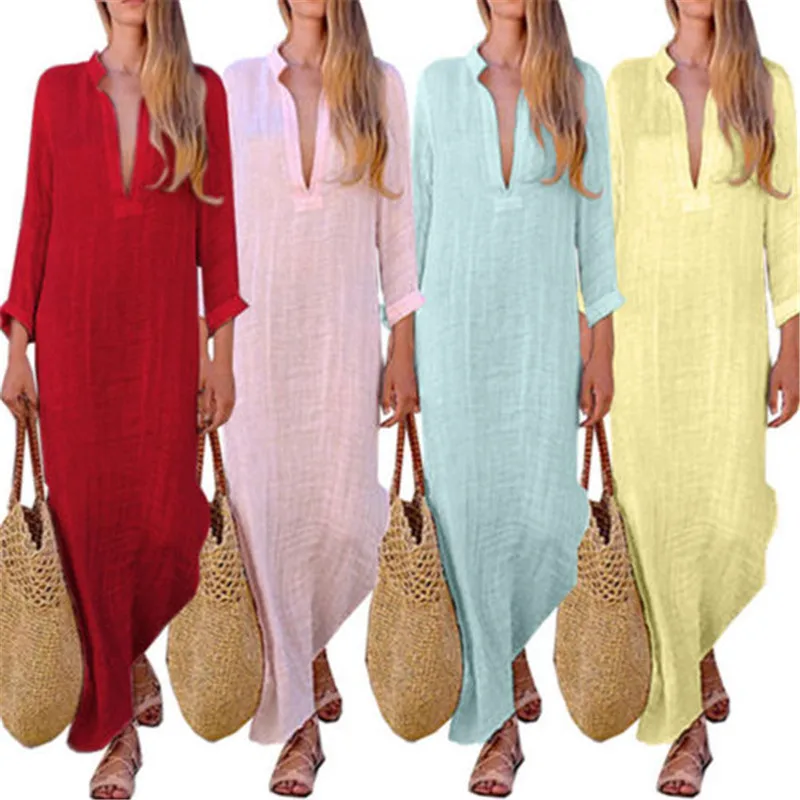 

Sexy Women Vintage Ethnic Style Boho Dresses Casual 2018 New Cotton Linen Long Sleeve Maxi Dress Pure Color V-neck Split Dresses
