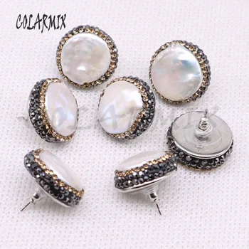 

Natural Round pearls earrings pave golden rhinestone stud earrings wholesale simple style jewelry gift fashion for earrings 3941