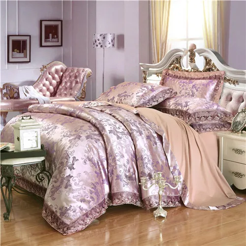 Сатиновый Комплект постельного белья queen/king size комплект постельного белья цвета: золотистый, серебристый цвет, 4 вещи в комплекте, хлопковая шелковая кружевная пододеяльник наборы простыней на кровать set38 - Цвет: 19
