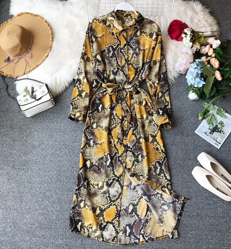 Женское длинное платье со змеиным принтом, с длинным рукавом, с разрезом, шикарное платье макси, Повседневное платье, vestidos mujer - Цвет: Yellow snake pattern