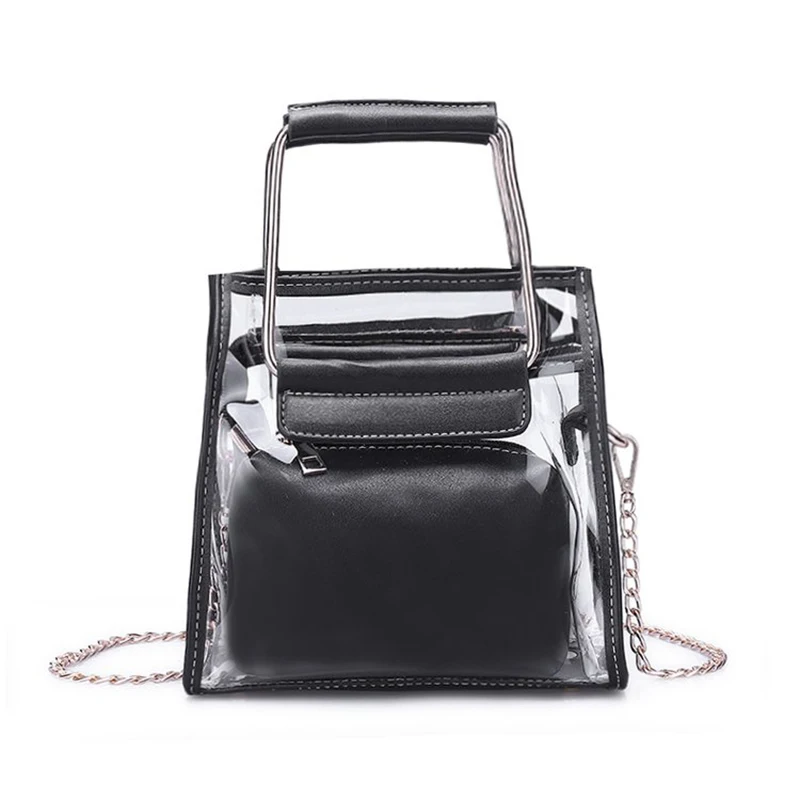 

2Pcs/Set Summer Clear Transparent PVC Ladies Bag Chain High Quality Belt Top Handle Handbag PU Leather Women Shoulder Bag