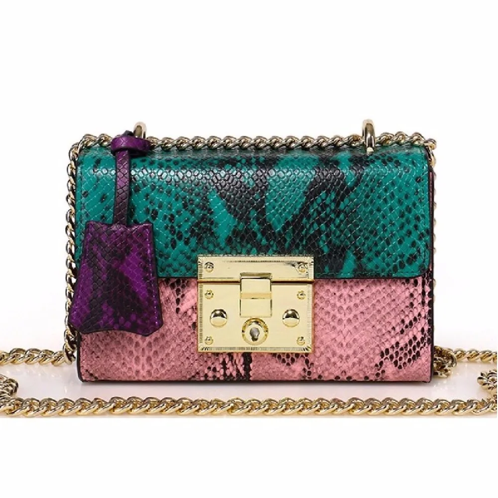 

women genuine leather messenger bags 2018 , shoulder bags small chain luxury cross body Serpentine colour clutch, free shipping