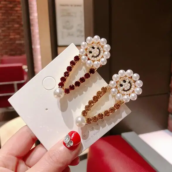 

2019 Women Fashion Crystal Rhinestones Smile Face Hairpins Hair Clips Imitiation Pearl Hollow Waterdrop Hairgrip Hair Accessorie