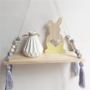 

INS Nordic Style Solid Wood Blue and Gray Macarons Wooden Bead Plywood Shelf Children's Room Dolls Storage Display Rack Bedroom