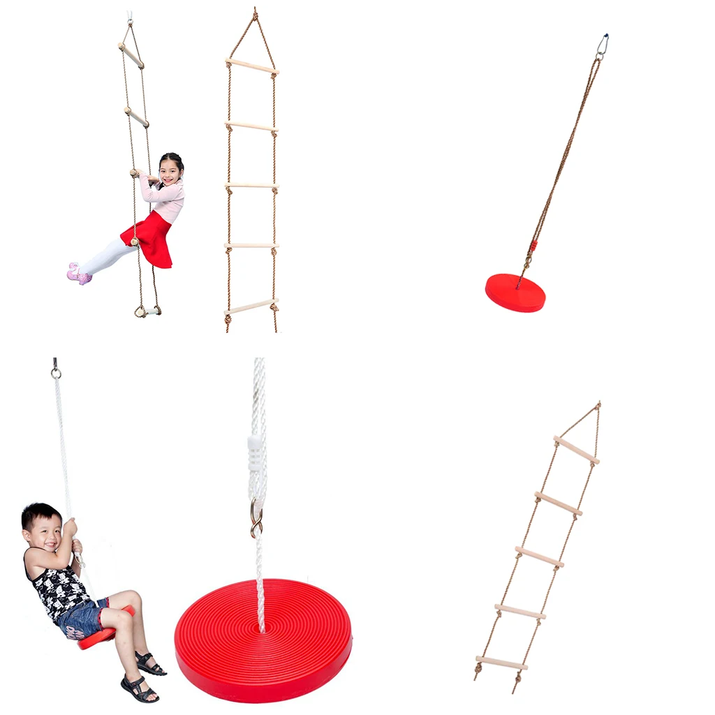 Red Heavy Duty Disc Rope Swing + Climbing Ladder for Kids Outdoor Backyard Playground Play