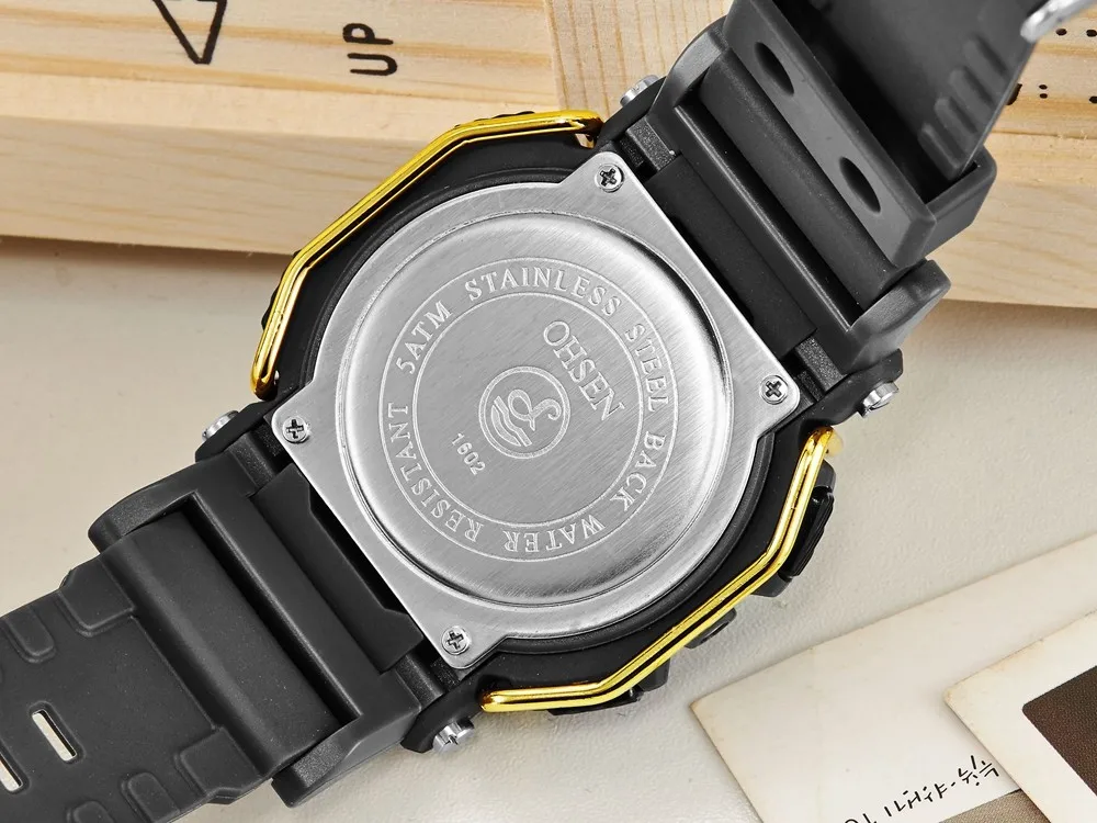 Бренд OHSEN желтый Цифровой Модные мужские Наручные часы резинкой 50 м Водонепроницаемый электронный ЖК-дисплей спортивные часы Reloj hombre