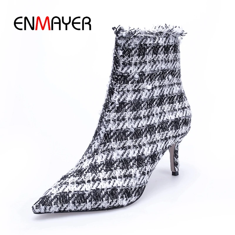 

ENMAYER New Style women pointed toe knitting thin heel ankle boots lady high quality pigskin zip high heel boots ZYL795