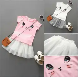 2019 г., Милая футболка с короткими рукавами с рисунком кота и пайетками для маленьких девочек Топы + юбка-пачка с объемными бабочками
