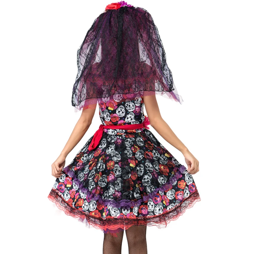 Halloween Cos Rose Skull Printed Ghost Bride Easter Ghost Festival Bride Stage Character Performing Dress Devil Girl Game Dress