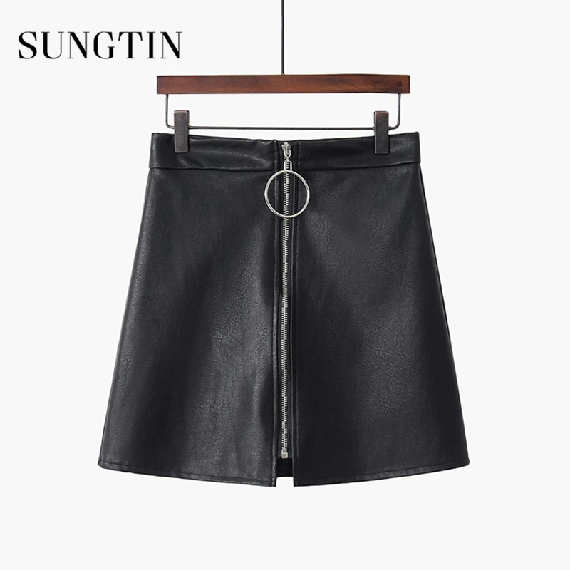 

Sungtin Brand White Black Leather Skirt Women PU High Waist Mini Skirts Womens Spring Summer A-Line Zipper Female Good Quality