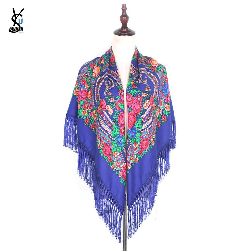 

140*140cm Oversized Square Scarf Russian Brand Floral Printed Shawl Wrap Woman Cashew Headband Bandana With Long Tassel YG582