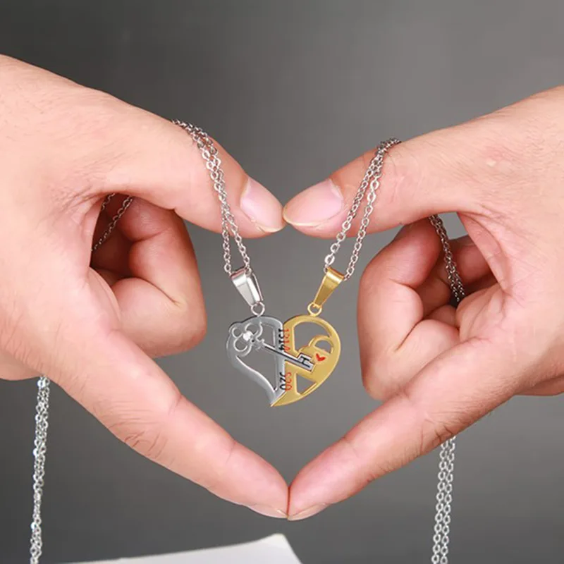 

1 Pair Lovers Love Heart Lock Key Pendant Necklace Couples Stainless Steel Puzzle Necklace @M23