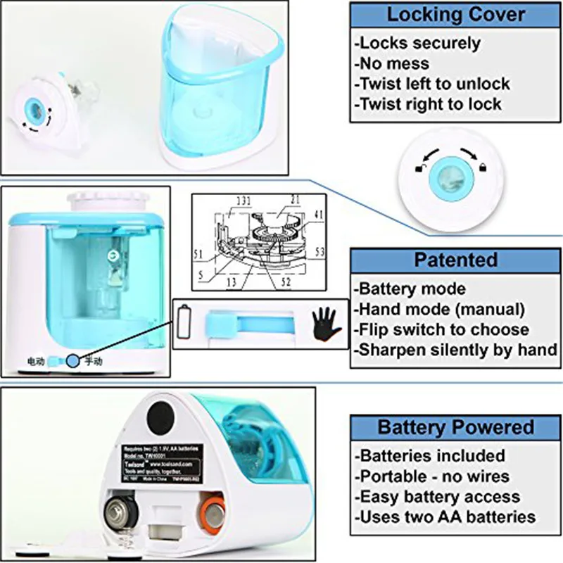 TENWIN электрическая точилка для карандашей, Детские Канцелярские товары для школы, офиса, дома, розовая, синяя Автоматическая точилка для карандашей 8005