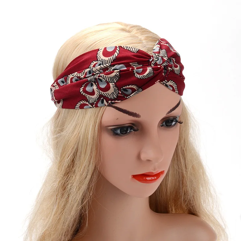 Peacock Feather Turban Headband for Women Elastic Sport Hairbands Head