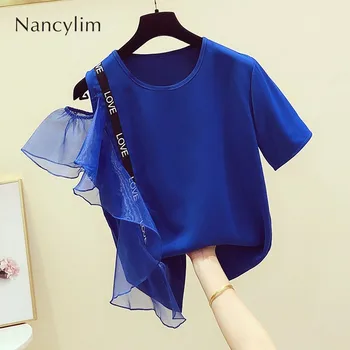 

Blue Tshirt Lady 2019 Summer New Korean Spelling Net Yarn Off Shoulder Short Sleeve T Shirt Women's Casual Shirt Nancylim Tee T