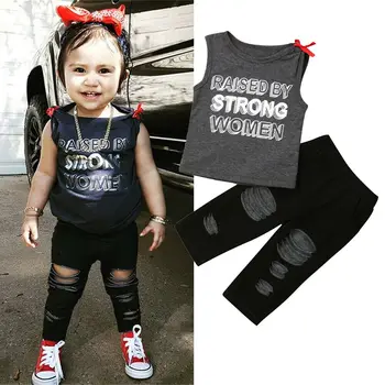 

2019 Toddler Kid Baby Girl Clothes Set Summer Sleeveless Gray Top T-shirt Hole Pants Denim Jeans Costume Clothing 2Pcs Outfit