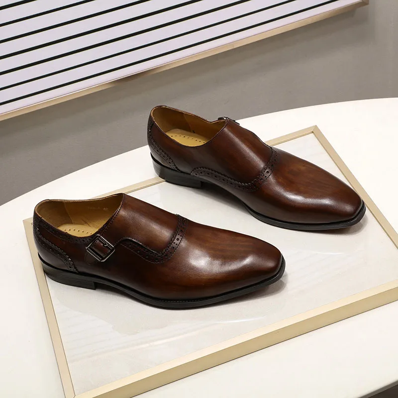 Felix CHU Мужские модельные туфли плоские, для пальцев на ногах, из натуральной кожи, коричневые, ручная роспись, пряжка, монах, ремешок, деловой, офисный, мужская обувь