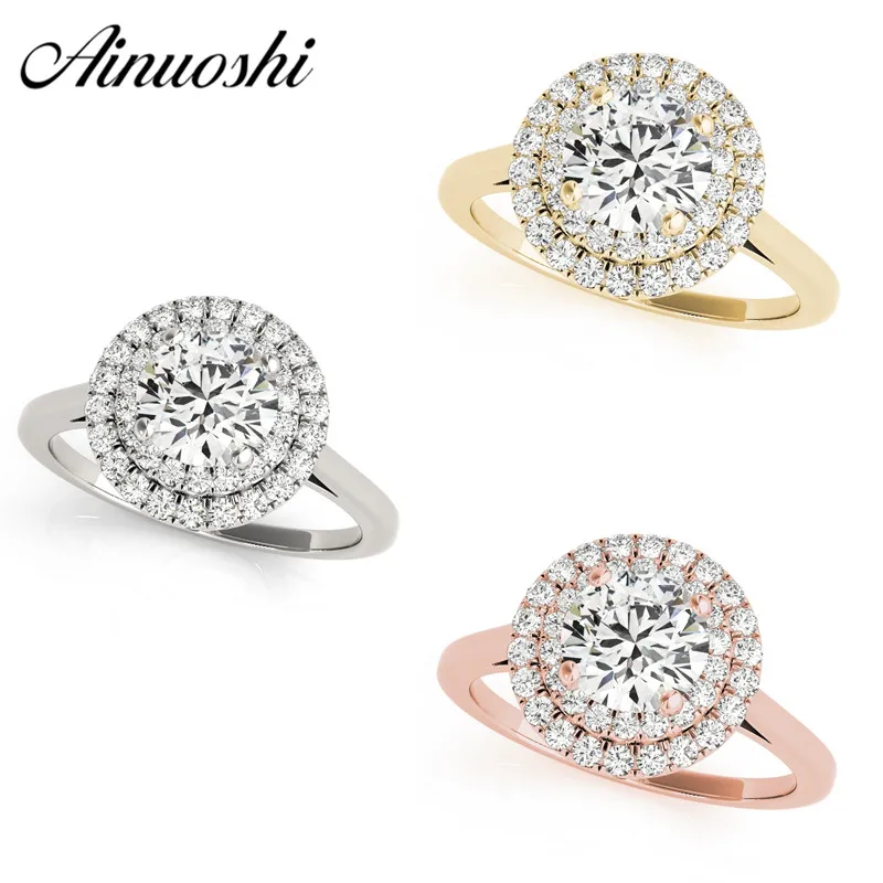AINUOSHI роскошные женские кольца желтого золота розового с круглой огранкой 1ct Halo