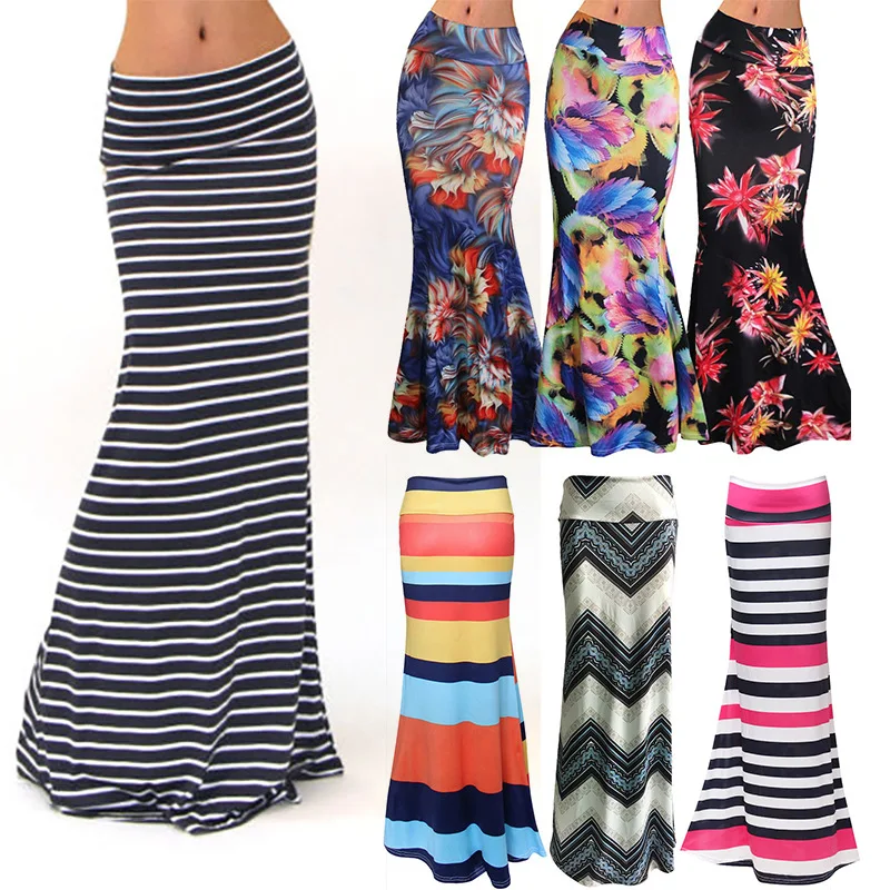 Женская мода размера плюс, длина до пола, макси юбка с цветочным рисунком, облегающая пляжная юбка в полоску, Повседневная Длинная юбка, Jupe Falda