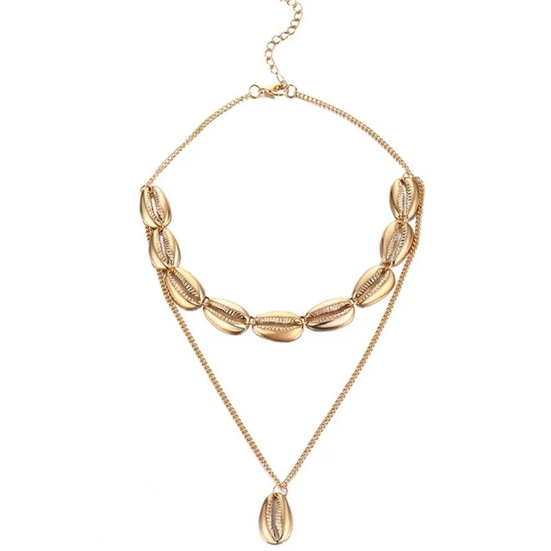 Европейская и американская мода дикая металлическая текстура ожерелье с двойной шеей подвеска в виде ракушки из сплава ожерелье - Цвет: Gold1