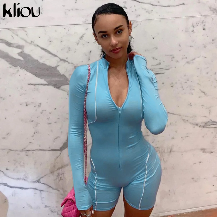Kaufen Kliou frauen fashion overall volle sleeve zipper fly reflektierende striped patchwork strampler 2019 weibliche elastische dünne bodys