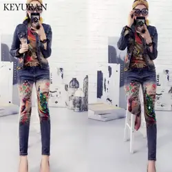 Новый блесток с цветочным принтом джинсовая куртка брючный костюм Леди Эластичный Материал живопись тенденции Для женщин джинсовая