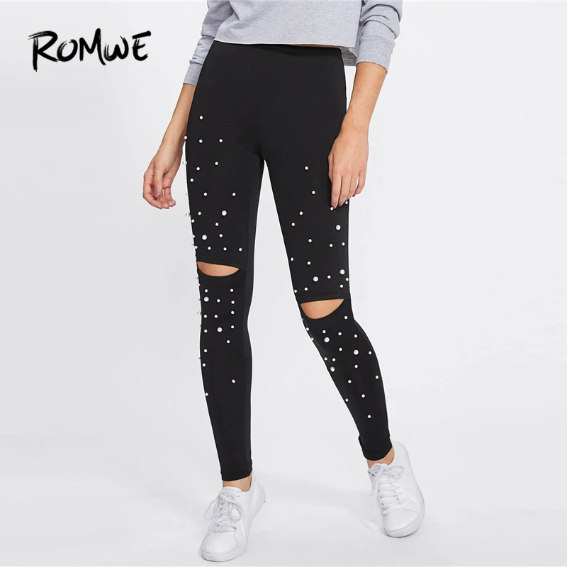 

ROMWE Pearl Beading Knee Open Leggings Black Stretchy Women Workout Casual leggings 2019 Female Fashion Skinny Leggings
