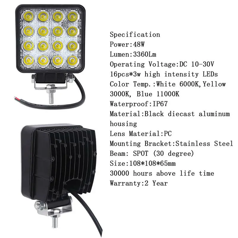 2 2pcs 4.3Inch Square 48W 3360Lm Yellow Spotlight 3000K Led Work Light Spot Driving Work Lamp Fog Bulb Offroad Light Off-road Truck Car Automobile ATV UTV SUV Boat Fish 4WD Tractor Safety Warning Safe
