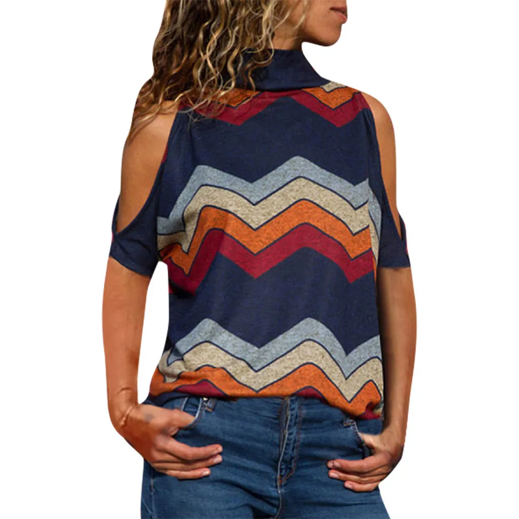 

T Shirt Women Fashion Cold Shoulder Short Sleeve Summer tops Geometric Floral Print tops mujer verano Summer tops