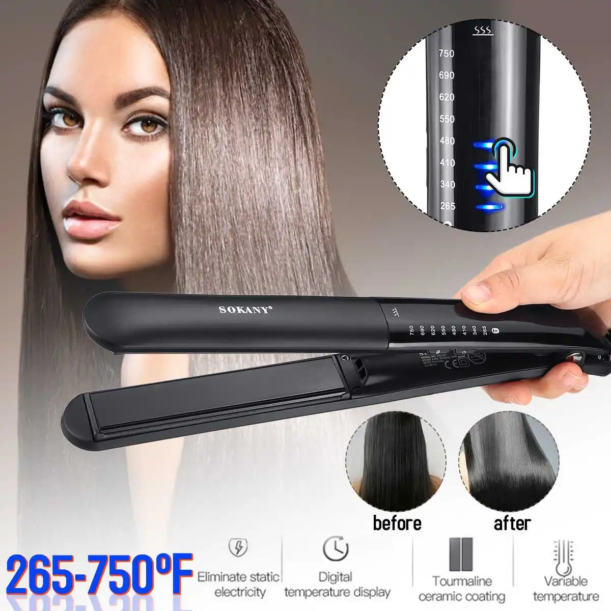 

Adjustable 110-220V Universal 265F-750F Hair Straightener Ceramic Digital Touch-Screen Temperature Dry Wet Use 29cm Length