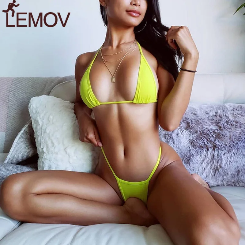 

LEMOV Solid Color Hanging Neck Bikini Sexy Low Waist Drawstring Women's Swimsuit High-quality Polyester Wear-resisting Bikinis