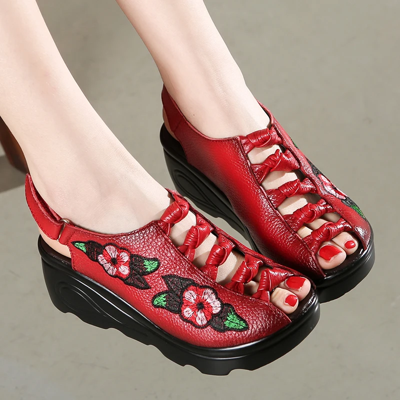 Tyawkiho Retro Women Leather Sandals Embroidery 7 CM High Heels Wedge Women Shoes Summer 2018 Slip On Flower Sandals Handmade