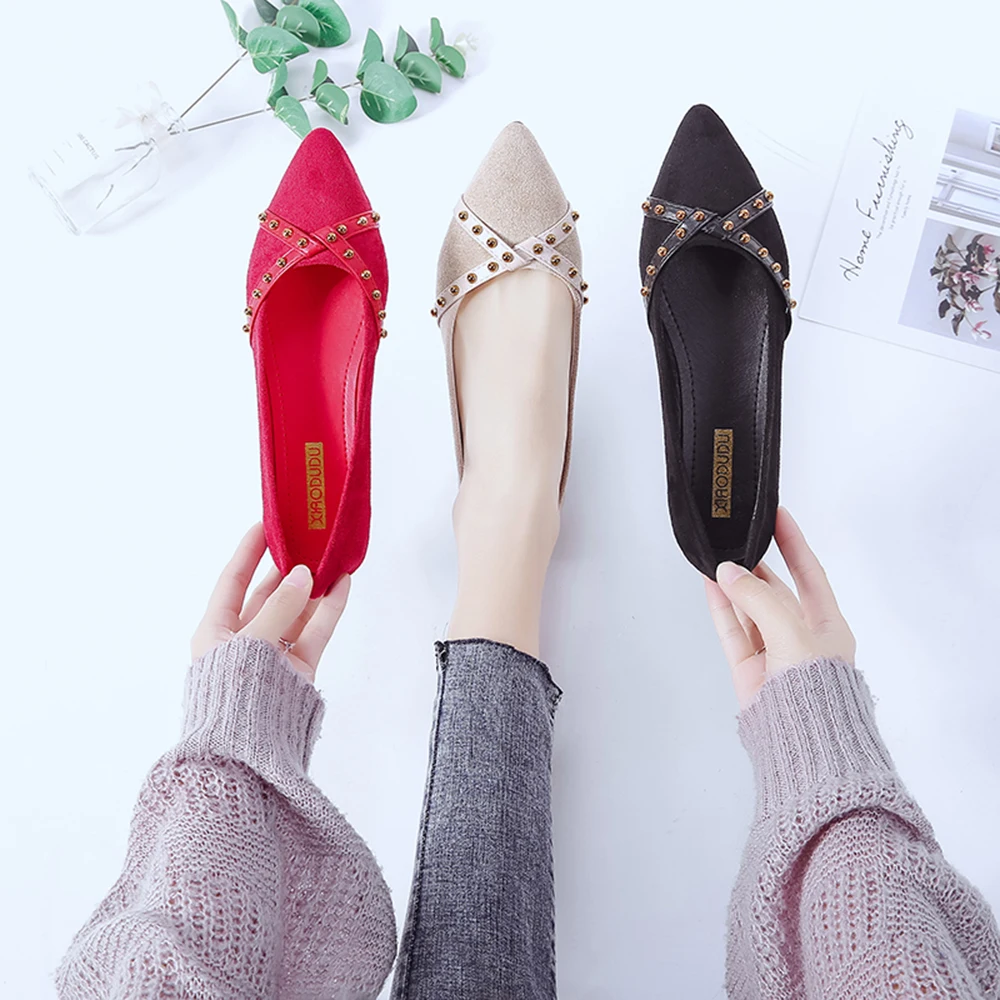 

New Women Flats Rivet Cross Strap Suede Ballet Shoes Pointed Toe Casual Shoes daily walking casual party formal comfortable soft