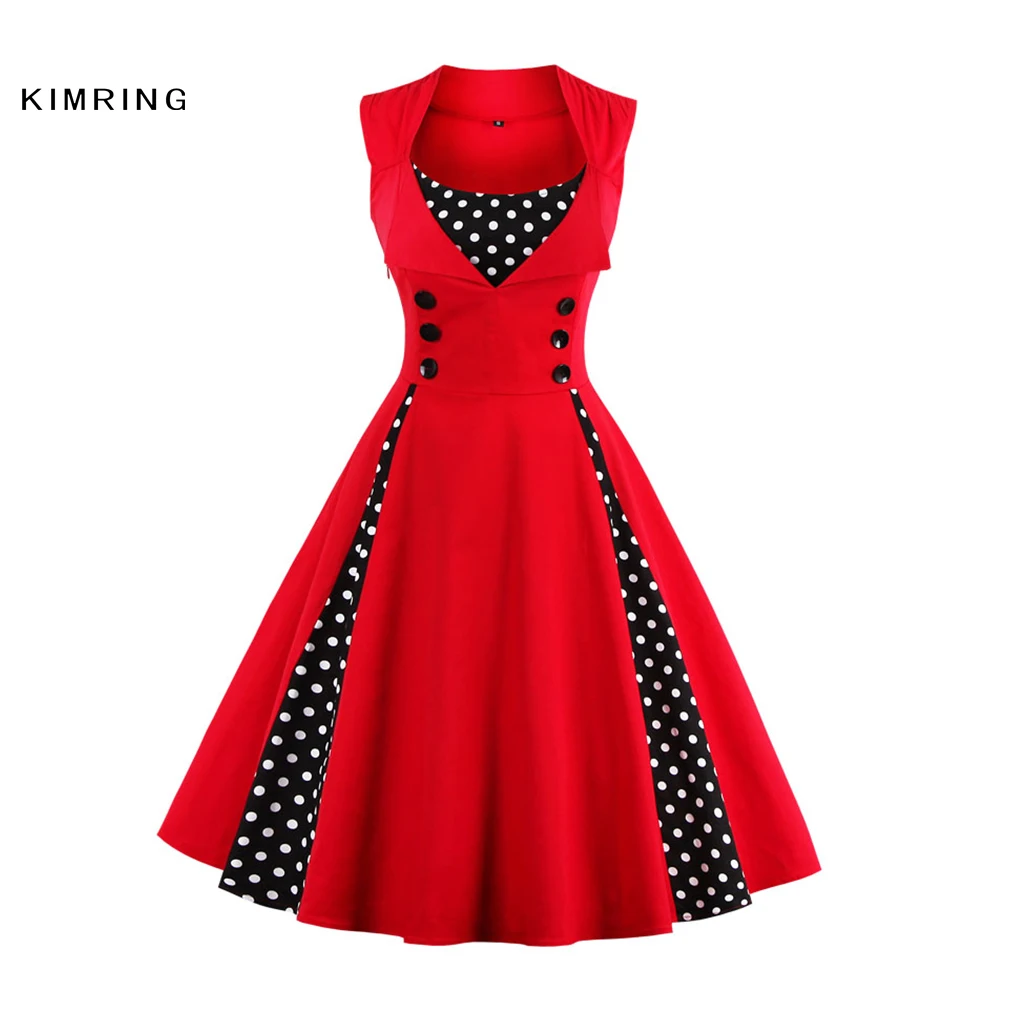 Buy Cheap Kimring Women Summer Dresses Fashion Dress Plus Size Rockabilly Patchwork Dress Swing Christmas Party Dress Casual Vestidos