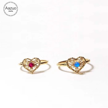 

Aazuo 18K Yellow Gold Natural Blue Opal Ruby Real Diamonds IJ SI Micro Paved Lovely Heart Ring gifted for Women Valentine's Day