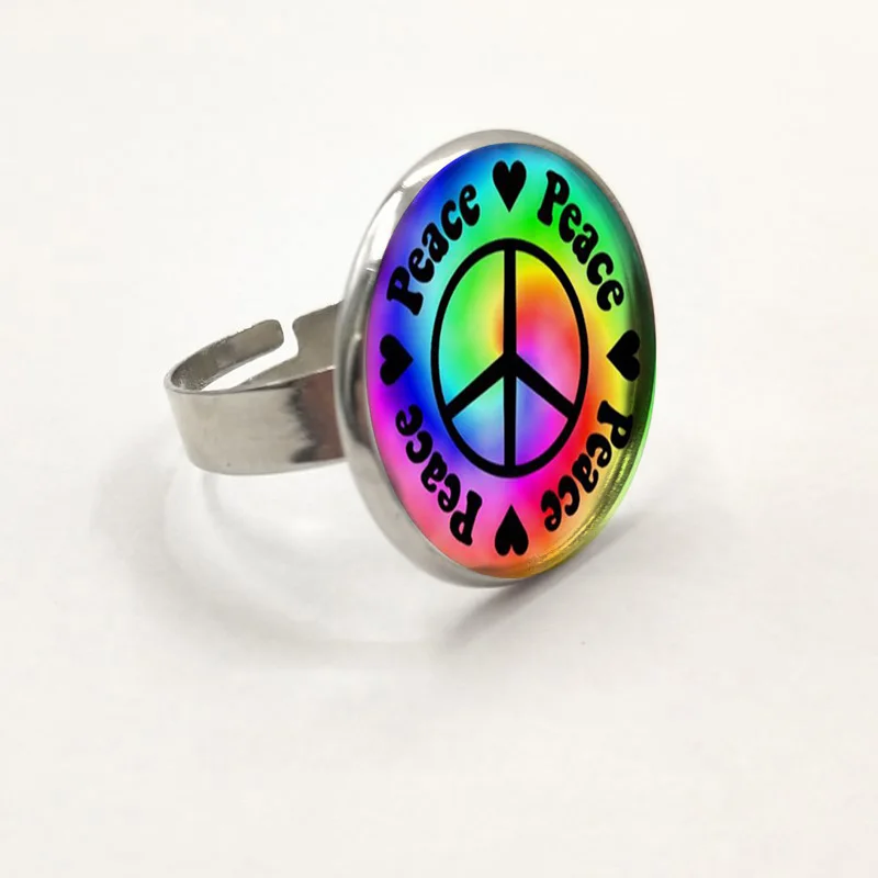 

Peace Sign Photo Tibet Silver Cabochon Glass Pendant Chain Ring
