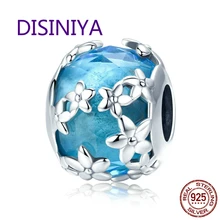 DISINIYA 100% 925 Sterling Silver Daisies Daisy Flower Blue CZ Crystal Beads Charm fit Charm Bracelet DIY Jewelry Making SCC878 bamoer 100% 925 sterling silver purple enamel daisy flower safety chain stopper charm fit charm bracelet diy jewelry scc602