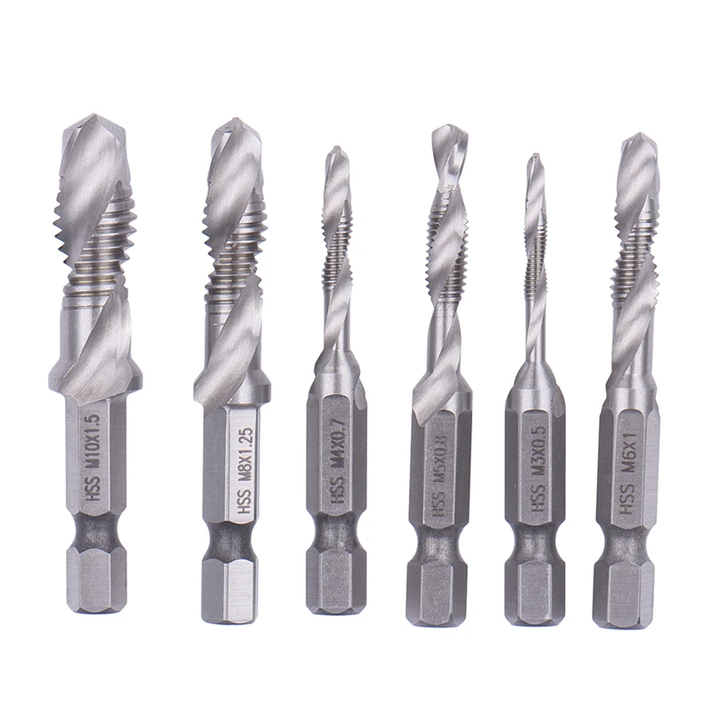 

1/4'' Hex HSS High Speed Steel Thread Spiral Screw M3 M4 M5 M6 M8 M10 Metric Composite Tap Drill Bit Tap 6pcs/set