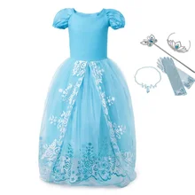VOGUEON/платье Эльзы для маленьких девочек; костюм с короткими рукавами и цветочным принтом; голубое платье Золушки для костюмированной вечеринки с длинным шлейфом; праздничная одежда